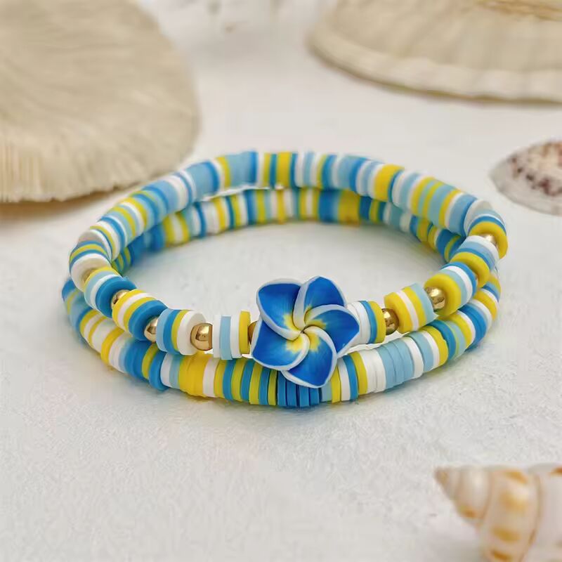2 Pcs/Set Multicolor Polymer Clay Beads Bracelets for Women Bohemian Flower Charm Elastic Chain Set Summer Jewelry Vacation Gift